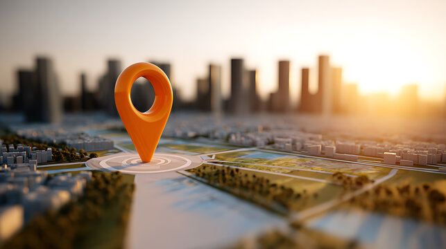 Orange location pin with ring on a stylized city map with blurred cityscape background at sunset, concept for navigation, travel, and urban exploration