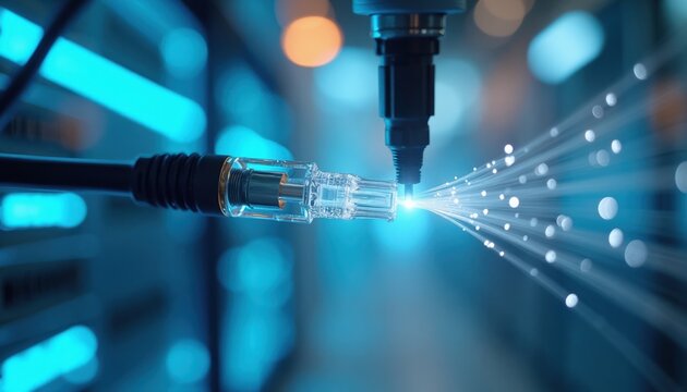 Fiber optic cable splicing with laser light in a futuristic clean room. Data transmission connects worlds, enabling digital communication and global networks.