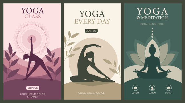 Yoga Meditation Day Poster Design Vector Set, Wellness and Mindfulness Social Media Banner Template