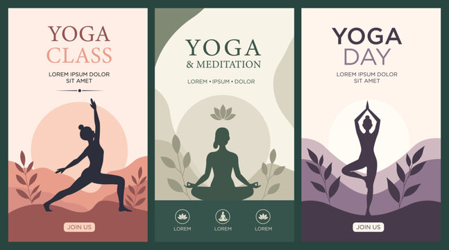 Yoga Meditation Day Poster Design Vector Set, Wellness and Mindfulness Social Media Banner Template