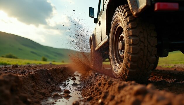 4x4 vehicle drives through mud puddle on rural dirt road. Tire sprays brown liquid water and dirt as car goes off road. Green hills and sky backdrop.