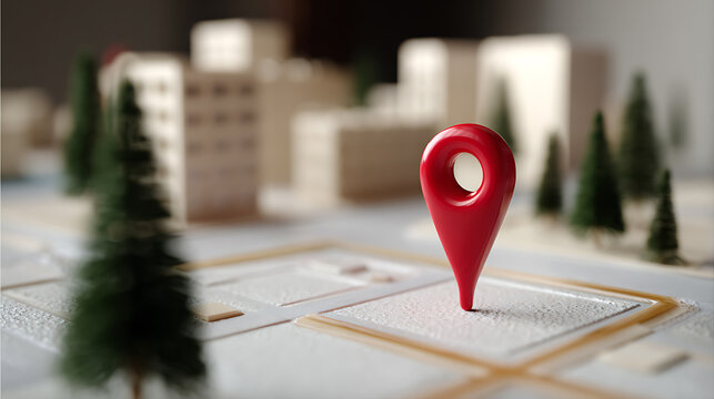 Vibrant red location pin marker placed on a detailed miniature city map with artificial trees and buildings, symbolizing navigation