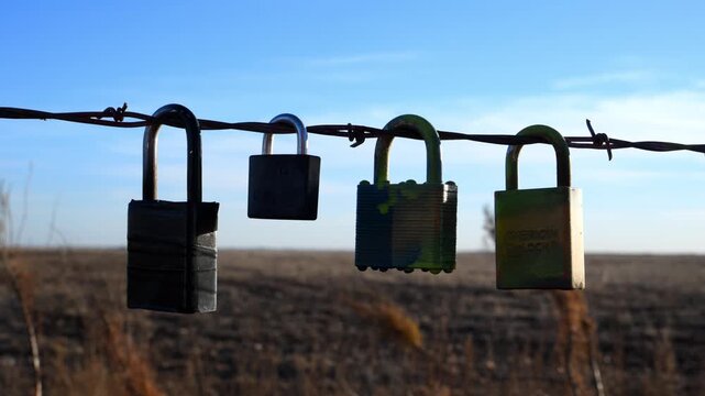 a collection of padlocks hanging from a wire fence, commonly known as a "love lock" installation.
