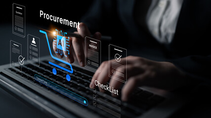 Naklejka premium This image showcases the digital procurement process featuring AI integration, highlighting technology role in enhancing workflow efficiency and management in modern business settings. Cyphers