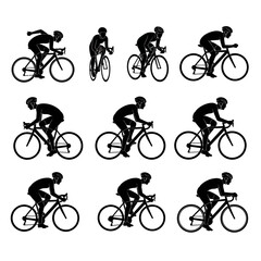 Fototapeta premium Silhouettes of cyclists in various racing positions, showcasing dynamic motion and athletic form.