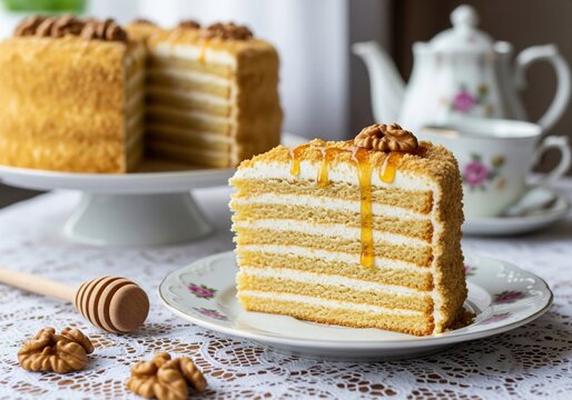 Slice of medovik honey cake with walnuts and tea set on white lace tablecloth at home morning