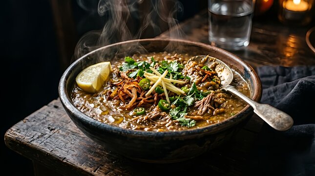 Authentic Pakistani beef nihari garnished with ginger and lemon in a rustic bowl