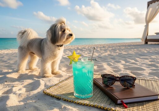 Small lowchen dog standing on white sand near blue cocktail and book at tropical beach ocean
