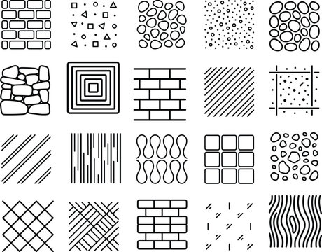 Collection of 20 Seamless Vector Pattern Swatches and Textures Featuring Minimalist Line Art Designs such as Brick Wall, Stone Masonry, Wood Grain, Geometric Shapes, and Abstract Dots.