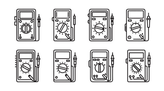 Digital Multimeters arranged in a grid with clean lines on a white background for electronic testing concepts