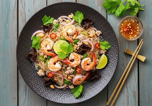 Thai glass noodle salad yum woon sen with shrimp and peanuts on black plate on wood table