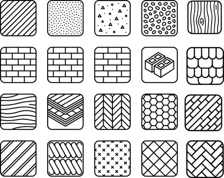 Comprehensive collection of 20 line art texture icons including wood, brick, tile, and stone patterns, ideal for architectural diagrams, interior design plans, and construction graphics.