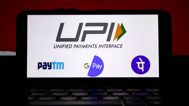Upi unified payments interface logo with paytm, google pay, and phonepe app icons on a smartphone screen digital payment system in india