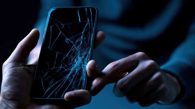 A person holds a damaged smartphone with a cracked screen in a dark setting. The individual touches the screen with a finger, focusing on the cracks and the device's condition