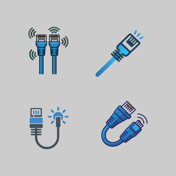 Four flat of blue network cables with wifi signals and light effects ethernet cable connector wireless