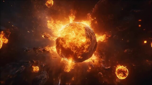Massive celestial explosion with blazing, fiery planets and debris scattering through a dark space filled with glowing particles