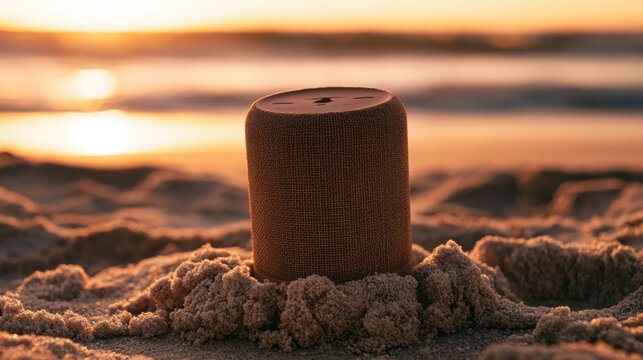 A speaker sits in the sand on the beach as the sun sets. Waves crash in the background, and the sky features warm colors while shadows form in the sand