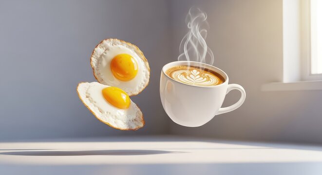 A surreal morning scene where a white ceramic mug of steaming hot coffee and golden sunny-side-up eggs float gracefully in a bright room, modern, breakfast, still life