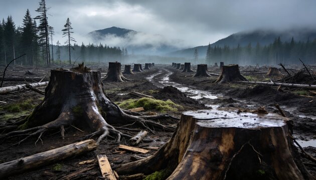 Deforestation landscape with tree stumps, muddy clearcut forest and misty mountains.
