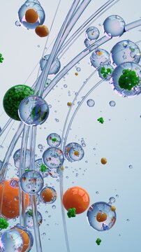 Abstract 3D Illustration of Bubbles With Colorful Elements Suspended in Liquid