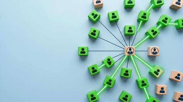 Hand selecting profile in a wooden social network on blue background, concept of recruitment, leadership and human resources management with copy space.