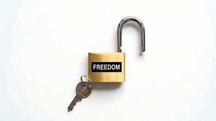 Gold padlock with key and freedom text on white background