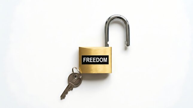 Gold padlock with key and freedom text on white background