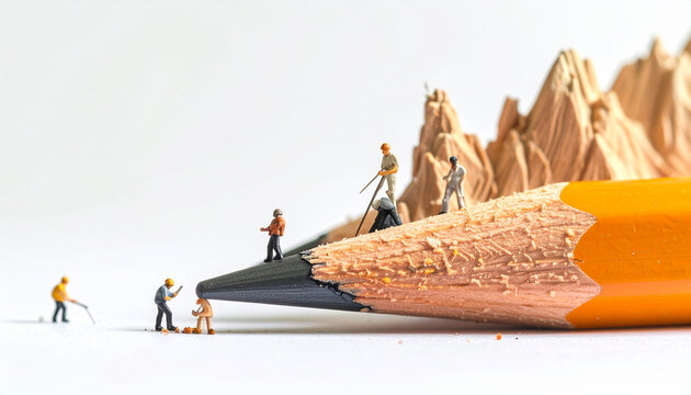 Miniature figures working on pencil tip representing creativity and construction