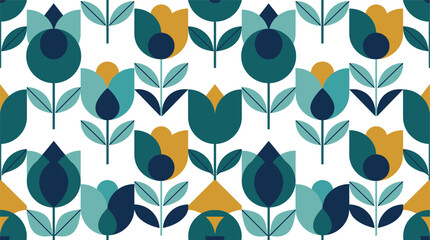 Mid-century modern floral pattern featuring stylized tulips and geometric accents in teal, yellow, and off-white © Pronob Kumar Ray