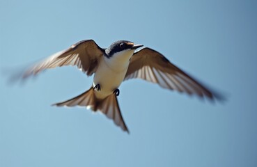 Obraz premium swift bird flies in clear blue sky. Swift has white belly and dark wings. Small bird hunts insects mid air, shows its speed and agility. Nature wildlife scene.