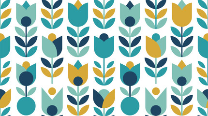 Seamless vector pattern with stylized folk art flowers in shades of teal, mustard, and green on a white background, perfect for textiles, wallpapers, or digital design projects © Pronob Kumar Ray