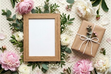 Obraz premium Wooden Frame with Flowers and Gift Box on Polka Dot Background for Design Mockup