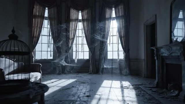 A dimly lit room with cobwebs covering the furniture and floor, evoking a sense of neglect and abandonment.