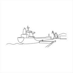 Obraz premium Continuous line drawing of cargo ship docked at industrial port with cranes and warehouse