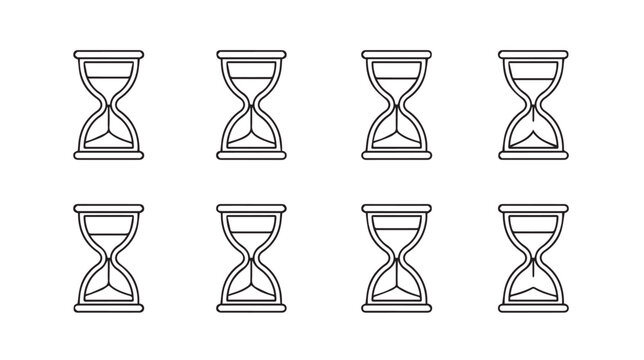 Eight hourglasses lined up in rows showing passage of time with sand falling during a clean studio setting