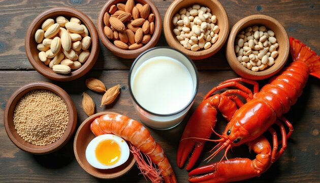 Various common food allergens arranged on wooden table. Nuts, seeds, soy, shrimp, lobster, egg, milk are shown in bowls. Healthy eating info, dietary choices, and food safety concepts are illustrated.