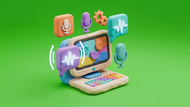 A colorful computer with speech and sound icons floating above, representing communication and technology in a playful mood, ideal for marketing, adve