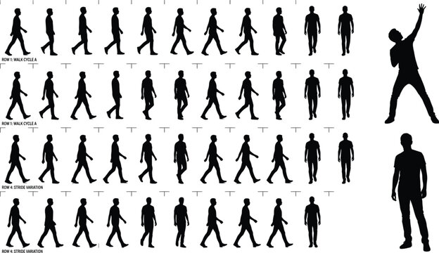 Black male silhouette character animation sheet featuring walk cycles stride variations and dynamic poses for motion graphics and architectural visualization