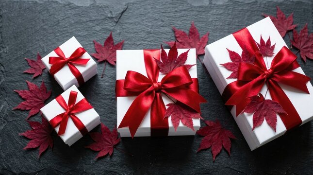 White gifts with red ribbons and autumn leaves on dark stone surface
