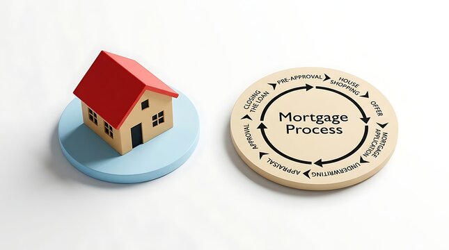 Mortgage process concept with house model and circular flowchart steps
