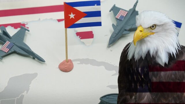 Conceptual representation of the political and military tensions between the USA and Cuba, showing a bald eagle with an American flag double exposure, fighter jets, and the Cuban flag on a map