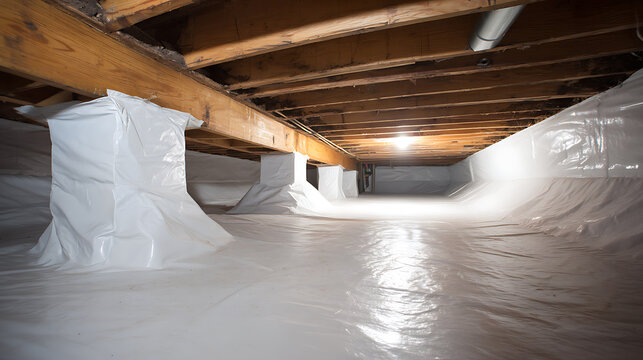 Clean and Bright Residential Crawl Space with White Vapor Barrier and Wooden Joists, Modern Home Foundation Waterproofing and Encapsulation
