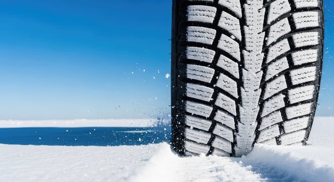 Close up of a winter tire rolling over fresh snow, revealing a detailed tread pattern while leaving a crisp track under a clear blue sky, sunshine, outdoor, frosty