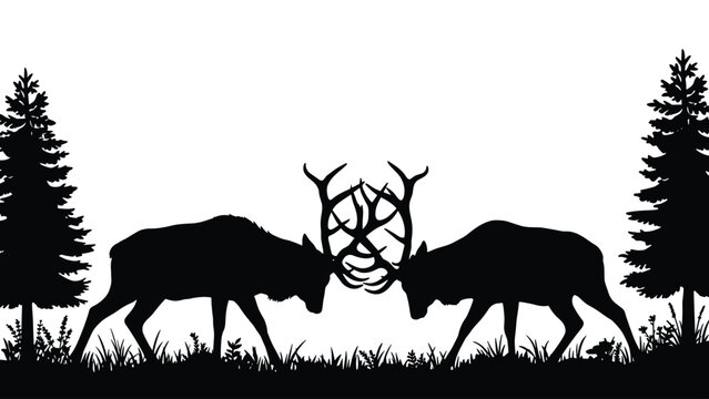Two deer battling with antlers in a forest black silhouette high-quality professional detailed modern elegant