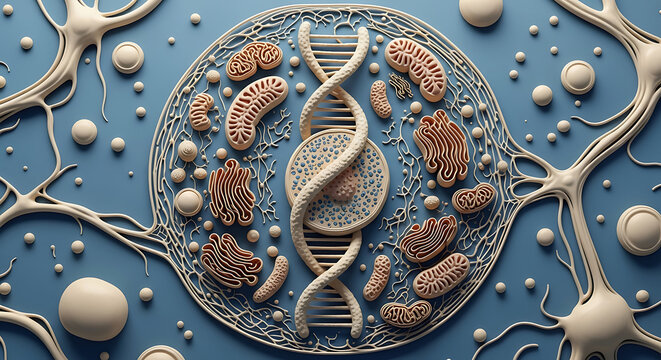 Intricate 3D Render of DNA Structure and Various Cellular Components including Neuron-like Elements on a Blue Background, Representing Biology