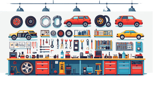 Car maintenance icons illustrating repairs and service tasks in an auto shop setting