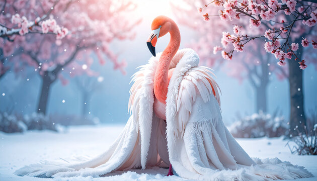 A majestic flamingo stands elegantly in a snowy landscape adorned with blooming pink cherry blossoms, evoking a surreal winter dream.
