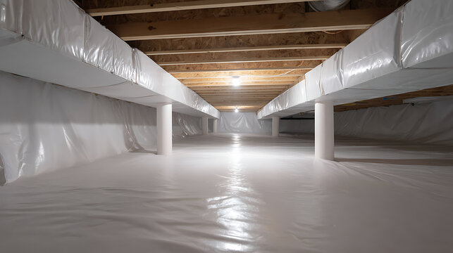 Clean Crawl Space with Encapsulation Barrier and Support Posts, Well-Lit Home Foundation Interior Protecting Modern Building Structure