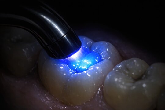 A close-up shot of a tooth illuminated by a blue light, perfect for medical or dental context