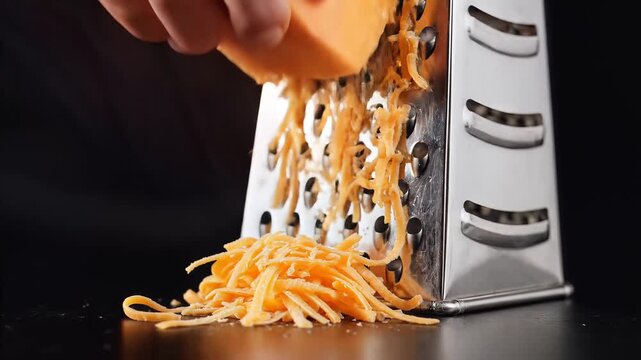 Closeup shot of a hand grating cheddar cheese on a metal grater.